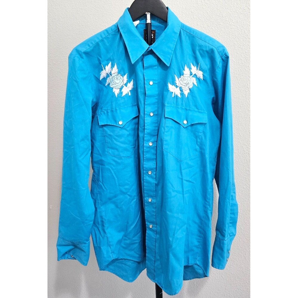 VTG Karman Western Shirt Mens L Blue Snap Pearl Embroidered Roses Cowboy Rodeo